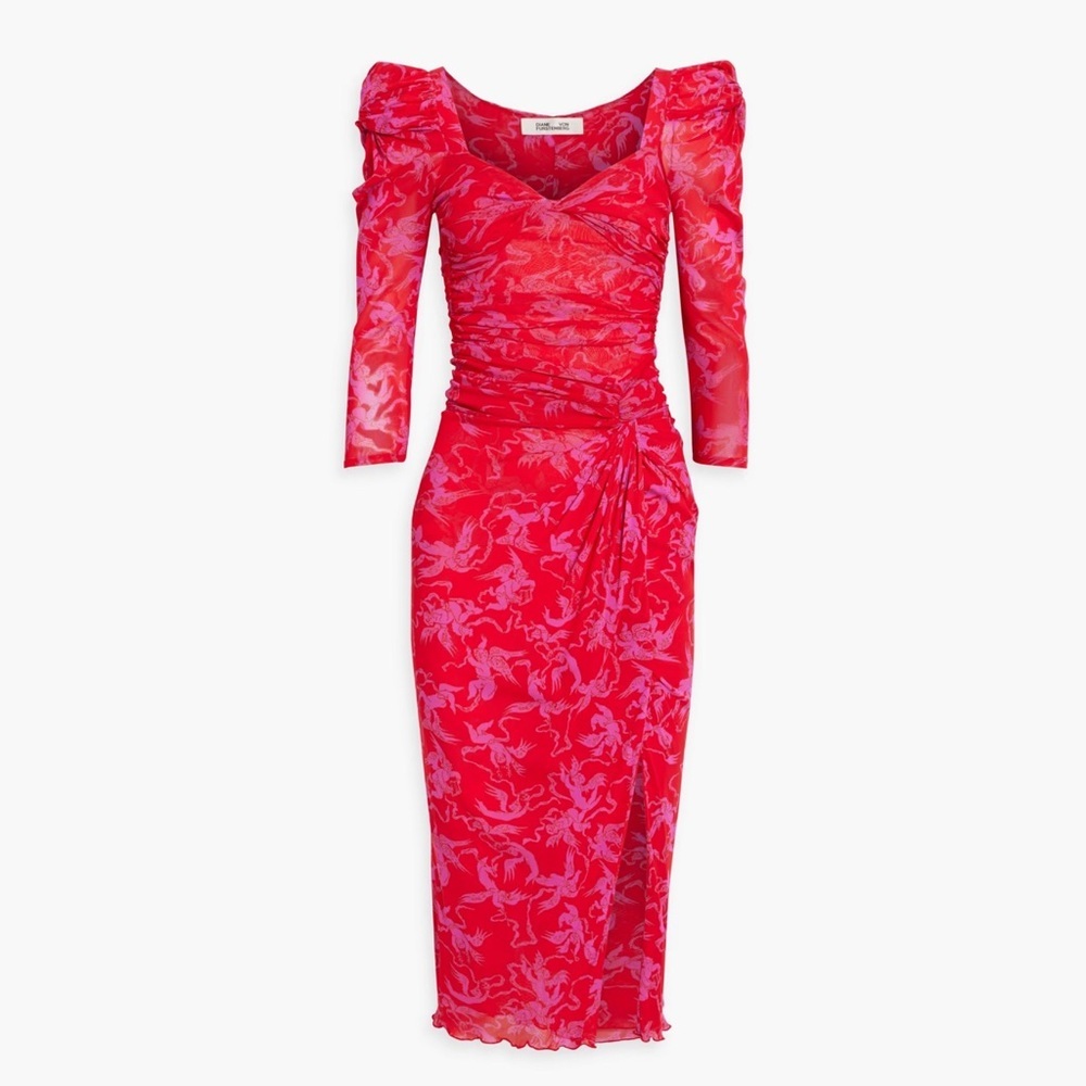 Diane Von Furstenberg || Bettina Ruched Printed Stretch-mesh‎ Midi Dress Red L